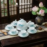  Bộ ấm chén bưởi cành men trắng vẽ hoa sen xanh 