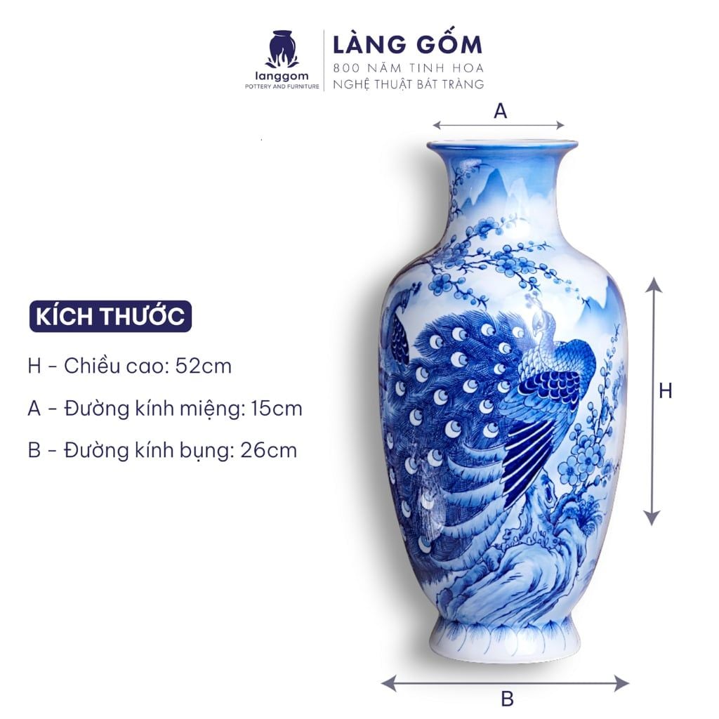  Lục bình phong thủy men lam Bát Tràng vẽ tay Khổng tước Cát Tường, Mẫu đơn Trường Xuân 