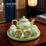  Bộ Ấm Chén Kèm Khay Tròn Bát Tràng Màu Vân Đá Vẽ Đào Trắng 350ml - Bộ Bình Trà Gốm Sứ Đẹp Làm Quà Tặng 