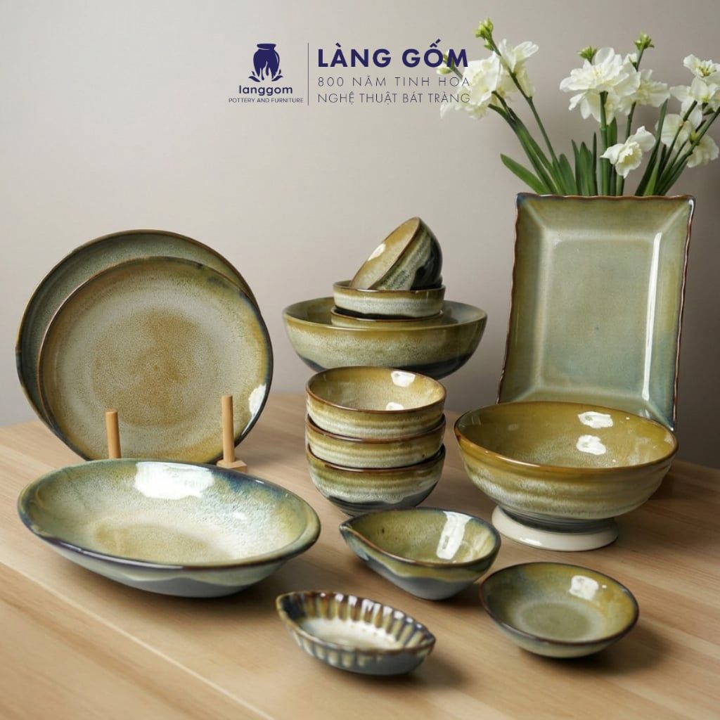  Bộ bát đĩa, bộ bàn ăn gia đình men hỏa biến màu ngọc trai, dành cho 4-6 người - Gốm sứ Bát Tràng - Làng Gốmv 