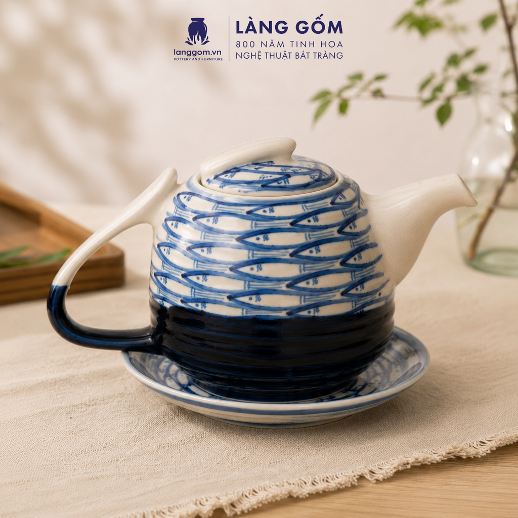 Bộ Trà Quai Sứ Ngược 800ml Họa Tiết Vẽ Tay Thủ Công Gốm Sứ Bát Tràng, Bộ Trà Quà Tặng Tiếp Khách - Làng Gốm 