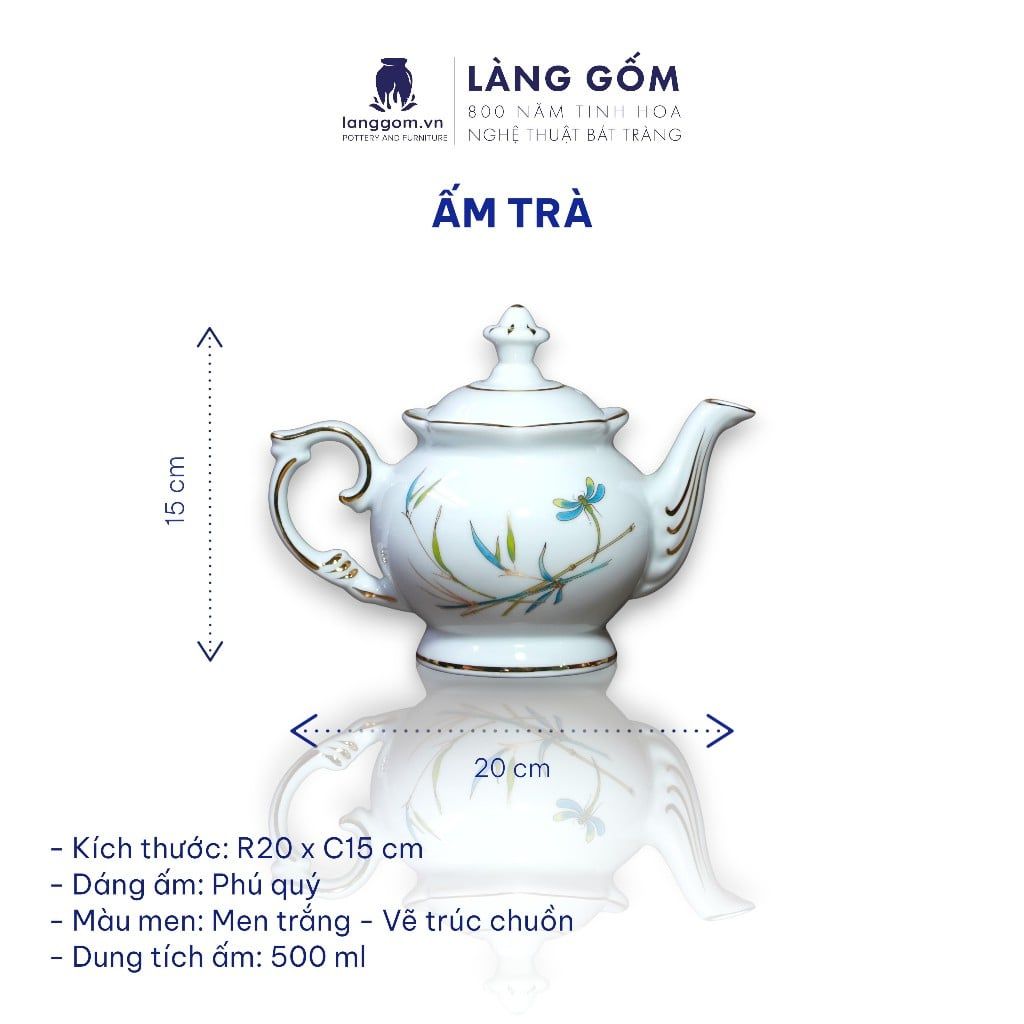  Bộ ấm chén uống trà dáng phú quý men trắng vẽ trúc chuồn viền vàng kim - Dung tích 500ml 
