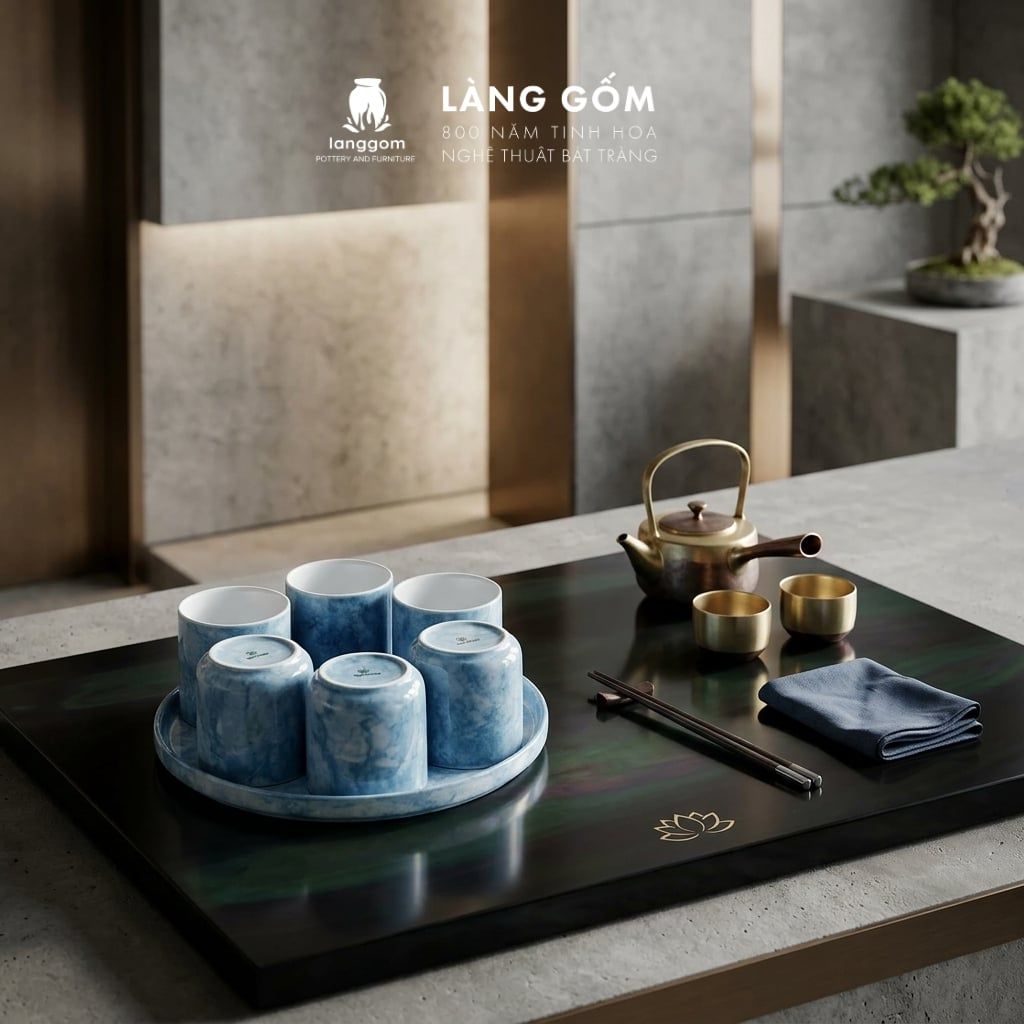  Bộ cốc gốm sứ - Ly sứ uống trà, uống nước kèm khay tròn - Bộ cốc đĩa vân đá nhiều màu cao cấp - Gốm sứ Bát Tràng 