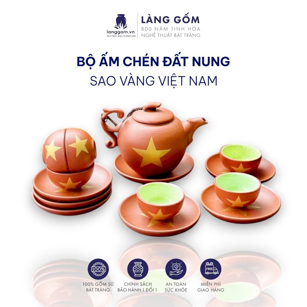  Bộ ấm chén đất nung vẽ sao vàng Việt Nam 