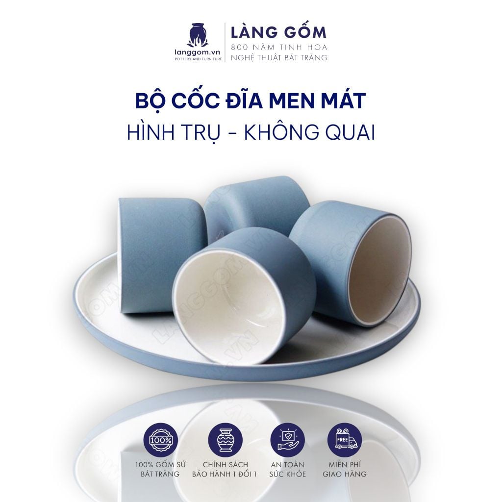  Bộ cốc và đĩa gốm sứ men mát dáng trụ hình trụ không quai 