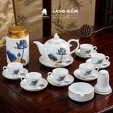  Bộ ấm chén dáng Bưởi lửa men trắng chỉ vàng vẽ sen xanh 