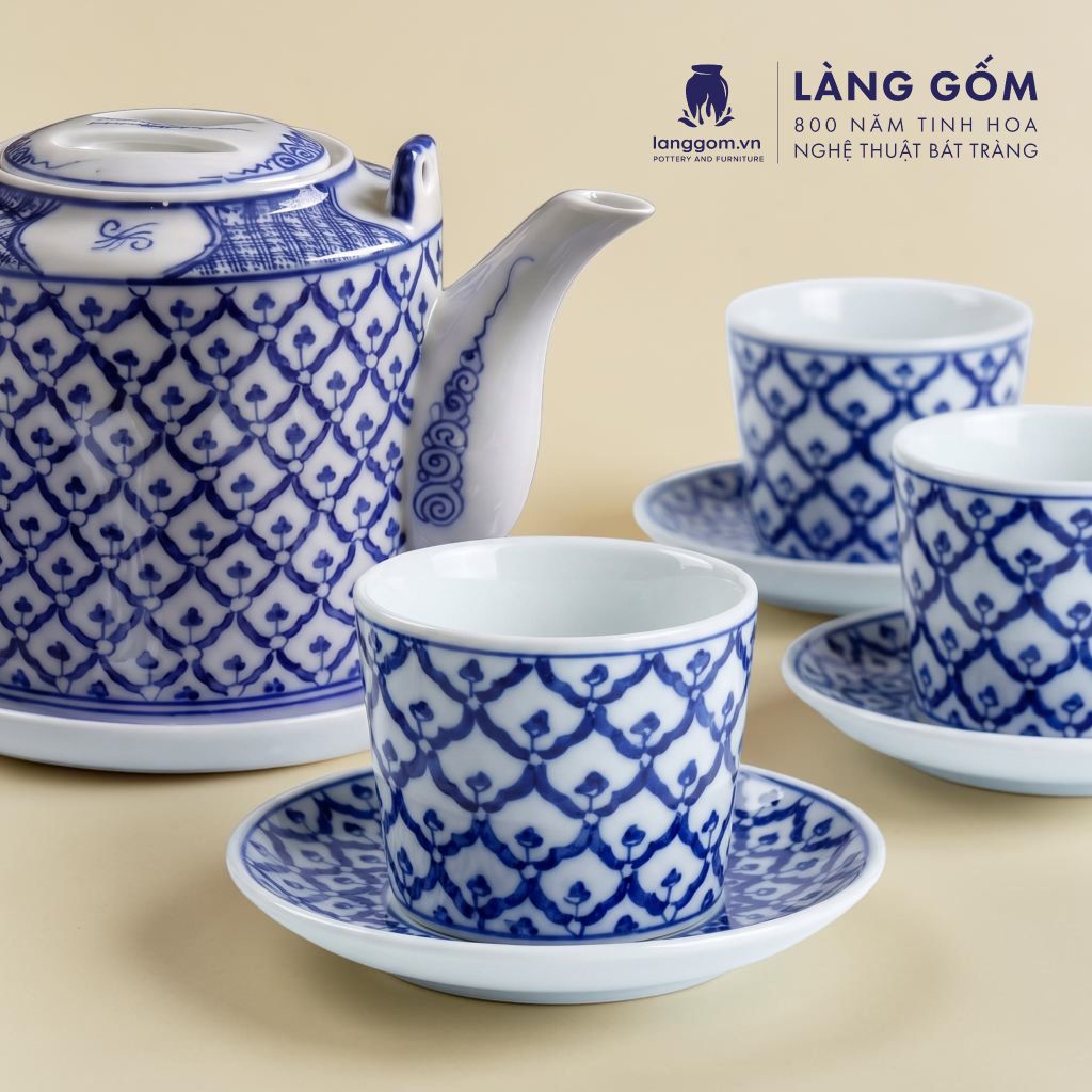  Bộ ấm tích Bát Tràng men lam bách hoa thủ công cao cấp, quà tặng bộ ấm chén sang trọng - Gốm sứ Bát Tràng - Làng Gốm 