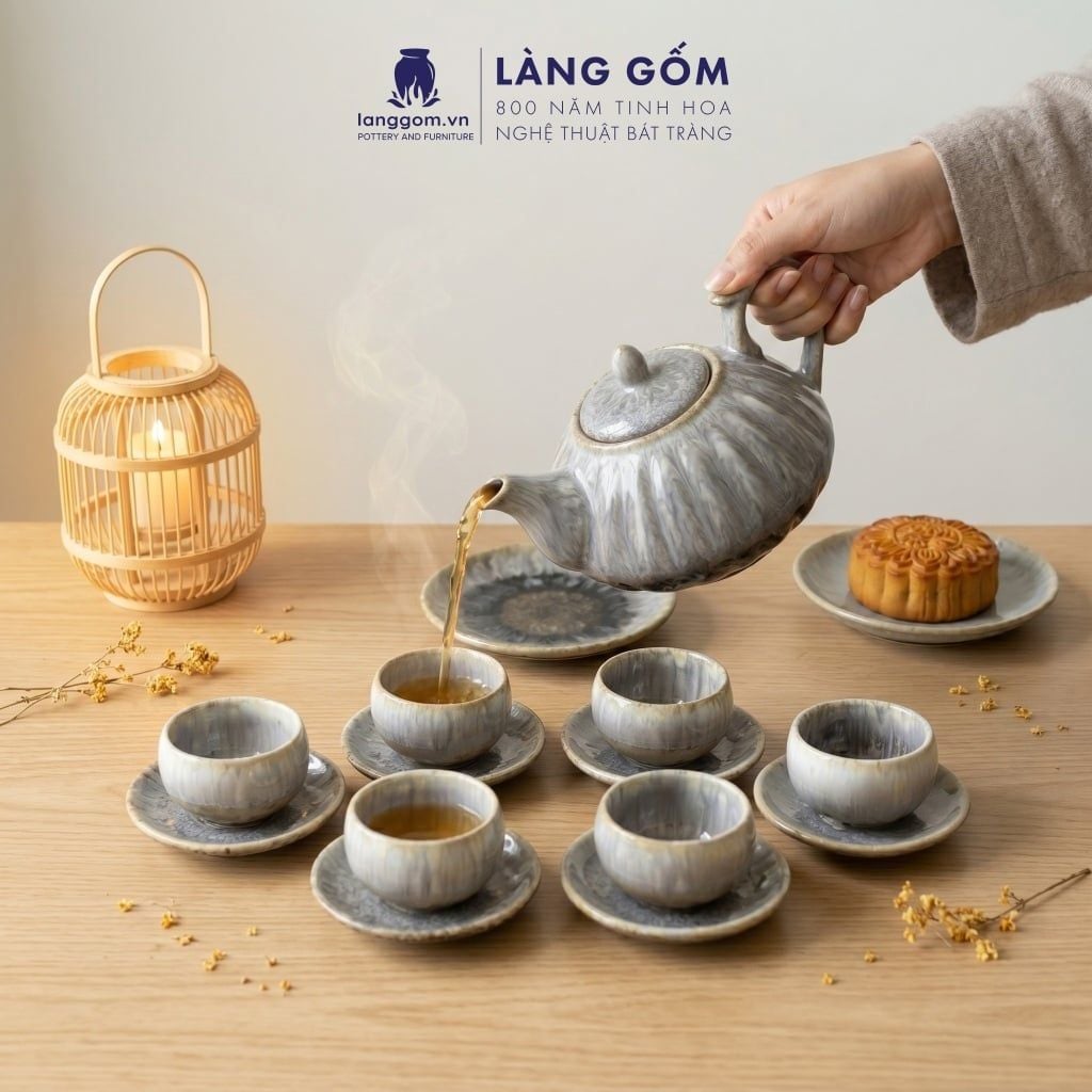  Bộ Ấm Chén Men Hỏa Biến Vân Mây Bát Tràng Cao Cấp 
