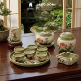  Bộ ấm chén dáng quai chuôi vẽ trúc xanh kèm khay tròn 