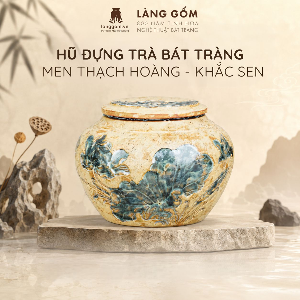  Hũ Đựng Trà Gốm Bát Tràng Thạch Hoàng Khắc Sen Thủ Công, Hũ Trà Trang Trí, Quà Tặng Cao Cấp - Gốm Bát Tràng - Làng Gốm 