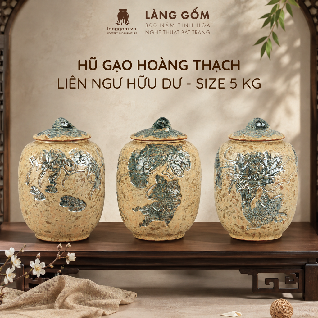  Hũ Gốm Thạch Hoàng Bát Tràng Khắc Liên Ngư Hữu Dư Thủ Công, Hũ Đựng Gạo, Đựng Trà, Quà Tặng Cao Cấp - Làng Gốm 