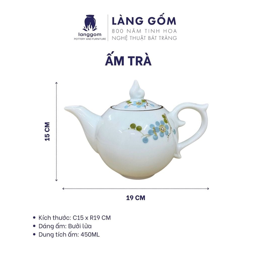  [GIÀM 20% - QUÀ TẾT 2026] Bộ ấm chén men trắng bưởi lửa vẽ hoa đào xanh kèm hộp 