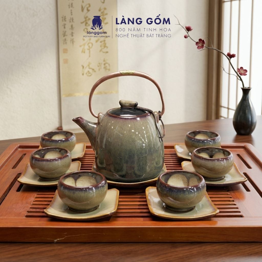  Bộ ấm chén uống trà dáng siêu men hỏa biến - Bộ ấm trà gốm sứ Bát Tràng cao cấp 