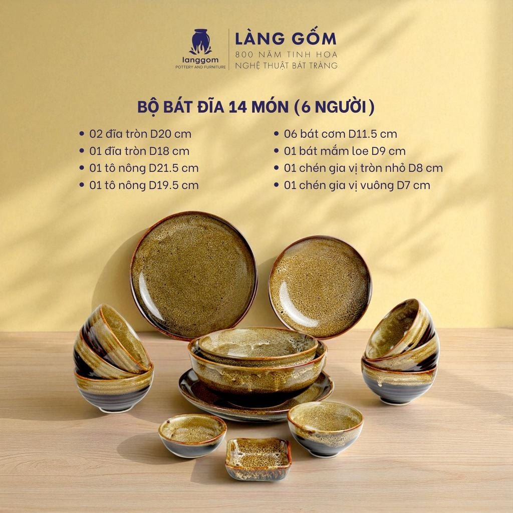  Bộ bàn ăn men hỏa biến 14 món - Màu gấm vàng 