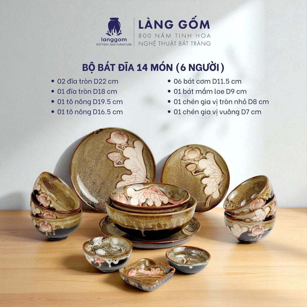  Bộ bàn ăn men hoả biến - Màu gấm vàng khắc sen 