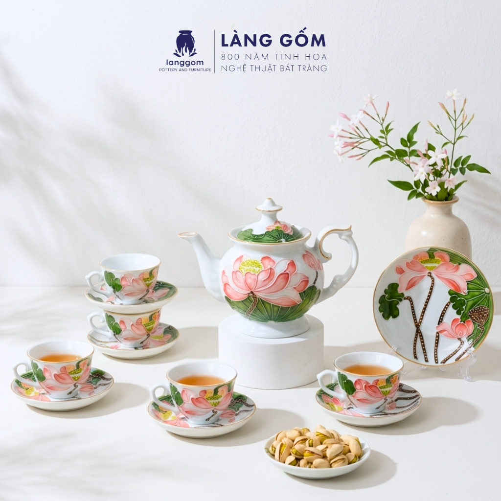  Bộ ấm chén gốm sứ Bát Tràng dáng Phú Quý vẽ nổi 3D hoa sen 550ml, Bộ ấm trà vẽ tay viền chỉ vàng - Quà tặng cao cấp 