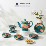  Bộ ấm chén gốm sứ Bát Tràng dáng Phú Quý vẽ nổi 3D hoa sen 550ml, Bộ ấm trà vẽ tay viền chỉ vàng - Quà tặng cao cấp 