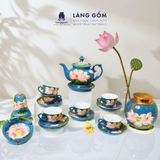 Bộ ấm chén gốm sứ Bát Tràng dáng Phú Quý vẽ nổi 3D hoa sen 550ml, Bộ ấm trà vẽ tay viền chỉ vàng - Quà tặng cao cấp 