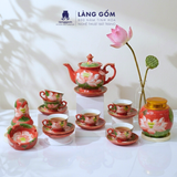  Bộ ấm chén gốm sứ Bát Tràng dáng Phú Quý vẽ nổi 3D hoa sen 550ml, Bộ ấm trà vẽ tay viền chỉ vàng - Quà tặng cao cấp 
