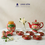  Bộ ấm chén gốm sứ Bát Tràng dáng Phú Quý vẽ nổi 3D hoa sen 550ml, Bộ ấm trà vẽ tay viền chỉ vàng - Quà tặng cao cấp 