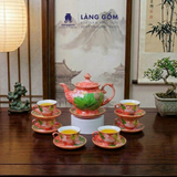  Bộ ấm chén gốm sứ Bát Tràng dáng Phú Quý vẽ nổi 3D hoa sen 550ml, Bộ ấm trà vẽ tay viền chỉ vàng - Quà tặng cao cấp 