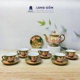  Bộ ấm chén gốm sứ Bát Tràng dáng Phú Quý vẽ nổi 3D hoa sen 550ml, Bộ ấm trà vẽ tay viền chỉ vàng - Quà tặng cao cấp 