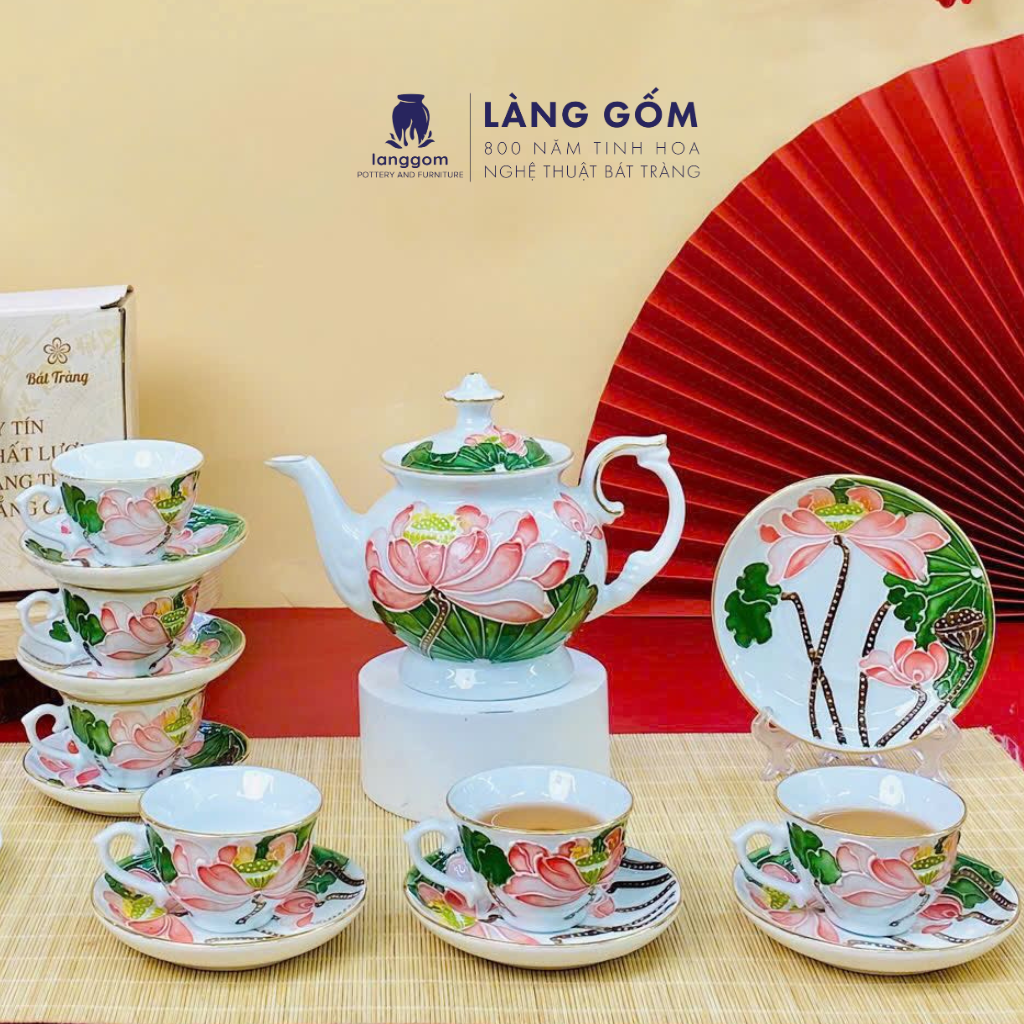  Bộ ấm chén gốm sứ Bát Tràng dáng Phú Quý vẽ nổi 3D hoa sen 550ml, Bộ ấm trà vẽ tay viền chỉ vàng - Quà tặng cao cấp 
