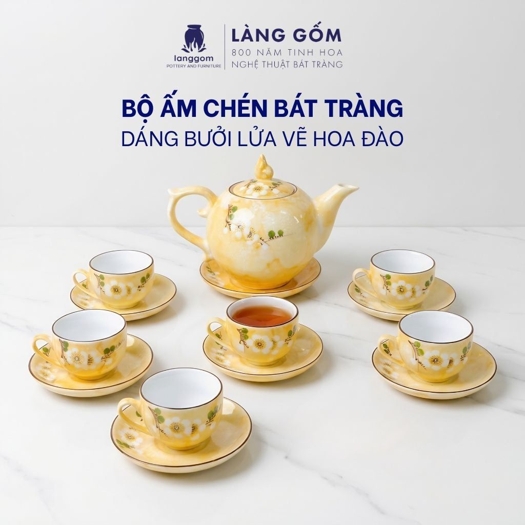  Bộ ấm chén Bưởi lửa màu vân đá vẽ đào trắng, đài sen - Gốm sứ Bát Tràng cao cấp 