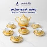  Bộ ấm chén Bưởi lửa màu vân đá vẽ đào trắng, đài sen - Gốm sứ Bát Tràng cao cấp 