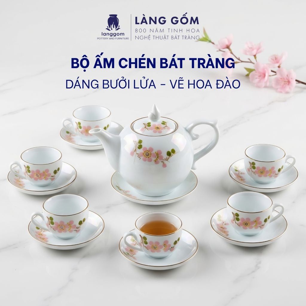  Bộ ấm chén Bưởi lửa màu vân đá vẽ đào trắng, đài sen - Gốm sứ Bát Tràng cao cấp 