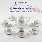  Bộ ấm chén Bưởi lửa màu vân đá vẽ đào trắng, đài sen - Gốm sứ Bát Tràng cao cấp 