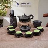  Bộ Ấm Chén Đất Nung Bát Tràng Cao Cấp Kèm Đĩa Cánh Sen Màu Đen - Bộ Ấm Trà Gốm Mộc Sang Trọng Làm Quà Tặng - Làng Gốm 