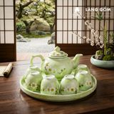  Bộ Ấm Chén Kèm Khay Tròn Bát Tràng Màu Vân Đá Vẽ Đào Trắng 350ml - Bộ Bình Trà Gốm Sứ Đẹp Làm Quà Tặng 