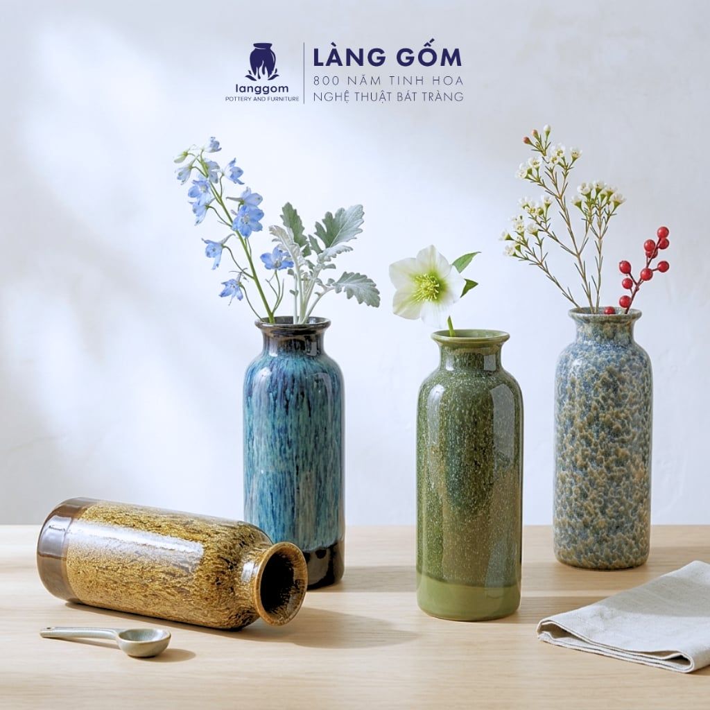  Bình hoa, lọ hoa Gốm sứ Bát Tràng cao cấp Men hỏa biến chai thẳng dùng làm quà tặng, trang trí 