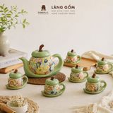  Bộ Ấm Trà Gốm Biên Hòa Men Bách Hoa Dáng Măng Cụt Khắc Nổi 