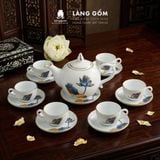  Bộ ấm chén dáng Bưởi lửa men trắng chỉ vàng vẽ sen xanh 