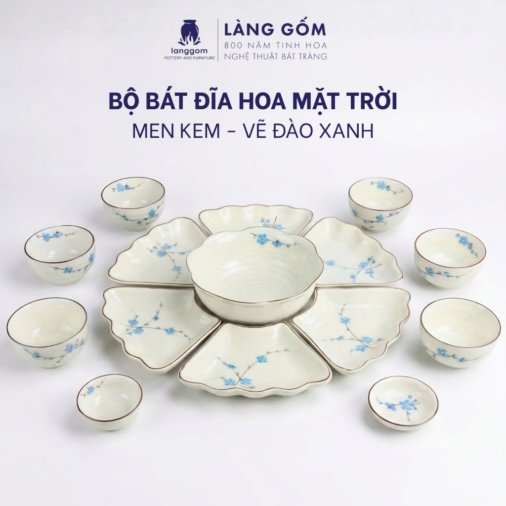  Bộ bát đĩa hoa mặt trời men kem đào xanh, gốm sứ Bát Tràng cao cấp 