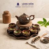  Bộ Ấm Chén Men Hỏa Biến Hoàng Kim Sa Kèm Khay Sen - Trà Cụ Cao Cấp Gốm Sứ Bát Tràng - Quà Tặng Sang Trọng 