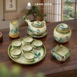  Bộ ấm chén dáng quai chuôi vẽ trúc xanh kèm khay tròn 