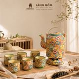  Bộ Ấm Tích Gốm Biên Hòa Men Bách Hoa Khắc Nổi 1.5L 