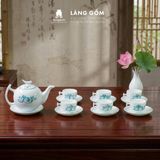  Bộ ấm chén bưởi cành men trắng vẽ hoa sen xanh 