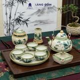 Bộ Ấm Chén Bát Tràng Vẽ Tay Kiểu Giỏ Cua Vẽ Tre Xanh Kèm Khay Tròn 350ml 