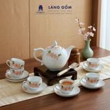  Bộ ấm chén Bưởi lửa màu vân đá vẽ đào trắng, đài sen - Gốm sứ Bát Tràng cao cấp 