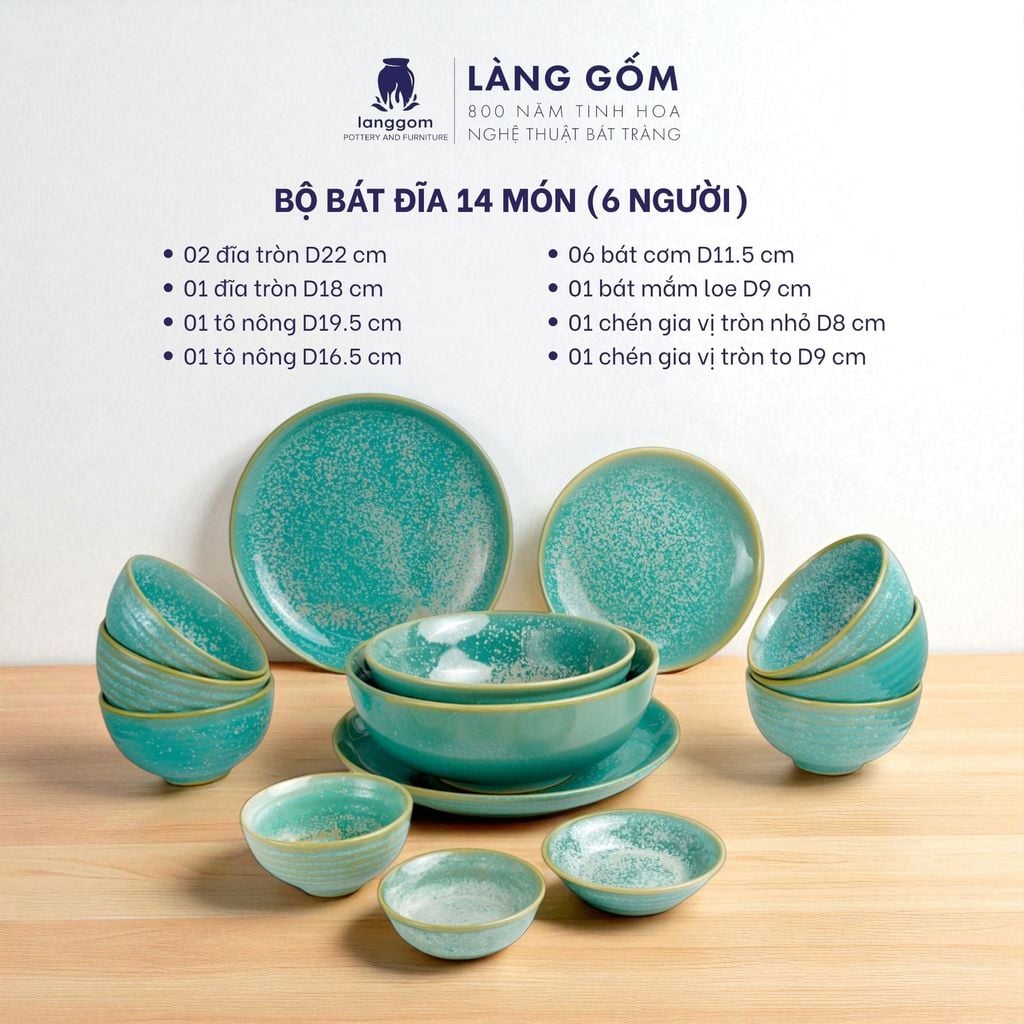  Bộ bàn ăn gia đình men hỏa biến - Màu hoa sương xanh ngọc 