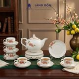  Bộ ấm chén Bưởi lửa màu vân đá vẽ đào trắng, đài sen - Gốm sứ Bát Tràng cao cấp 