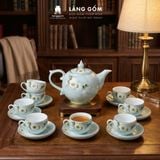  Bộ ấm chén Bưởi lửa màu vân đá vẽ đào trắng, đài sen - Gốm sứ Bát Tràng cao cấp 