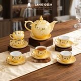  Bộ ấm chén Bưởi lửa màu vân đá vẽ đào trắng, đài sen - Gốm sứ Bát Tràng cao cấp 