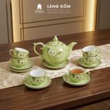  Bộ ấm chén Bưởi lửa màu vân đá vẽ đào trắng, đài sen - Gốm sứ Bát Tràng cao cấp 