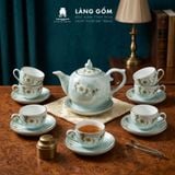  Bộ ấm chén Bưởi lửa màu vân đá vẽ đào trắng, đài sen - Gốm sứ Bát Tràng cao cấp 