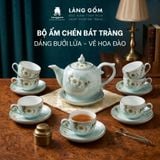  Bộ ấm chén Bưởi lửa màu vân đá vẽ đào trắng, đài sen - Gốm sứ Bát Tràng cao cấp 